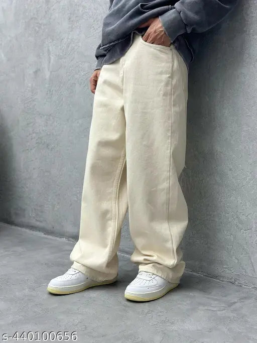 Wide leg khaki cotton jeans for men's casual fashion