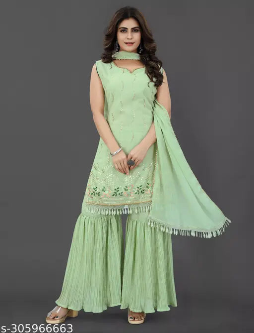Women's ready-to-wear kameez set with dupatta, featuring sequin embroidery, green chiffon fabric