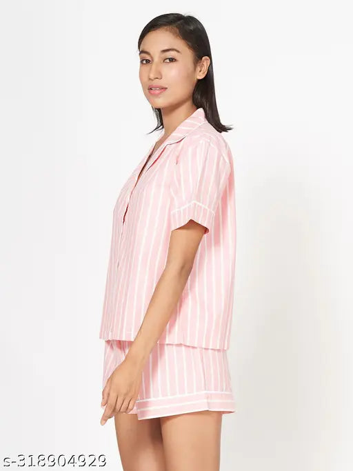 Cotton striped pink CRE8 Women's top & shorts set, versatile fashion for summer