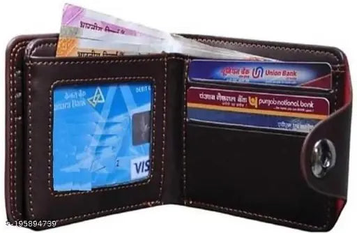Brown premium leather/faux leather bi-fold men's wallet (pick of 2), solid pattern, 2 compartments, free size (11 cm x 9 cm) with ID window and card slots