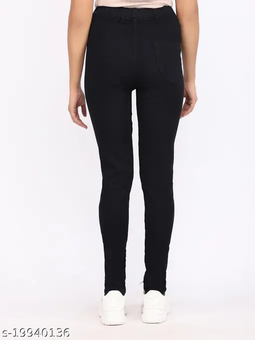 Solid black denim skinny fit jeggings for women, elastic waist and ankle length, made in India