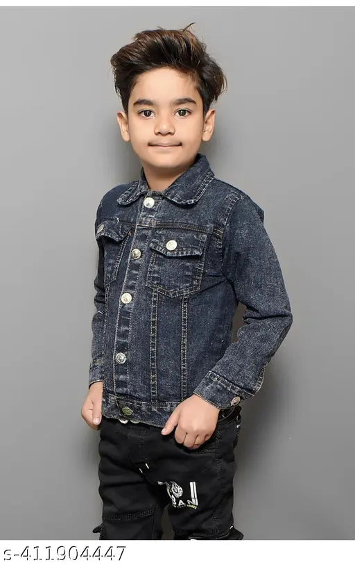 Blue denim jacket with black buttons, collar, and cuffs