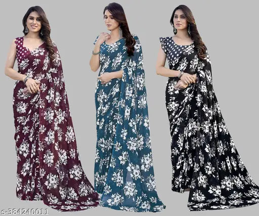 Three-piece women's printed georgette saree set