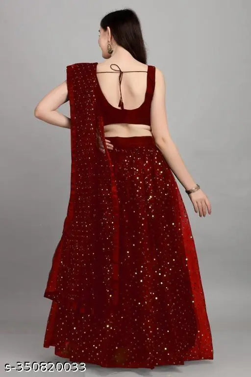 Maroon semi-stitched lehenga (42in waist, 43in length) in satin & net fabric, embellished design, India origin