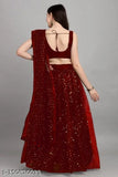 Maroon semi-stitched lehenga (42in waist, 43in length) in satin & net fabric, embellished design, India origin
