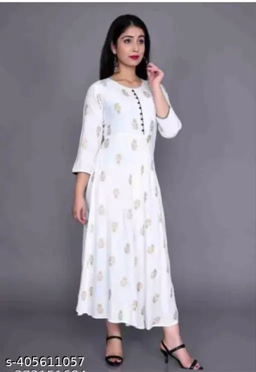 Rayon printed Anarkali Kurti with three-quarter sleeves, featuring beautiful floral patterns. Anika Fashion S size (36in bust, 45in length). Made in India
