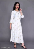 Rayon printed Anarkali Kurti with three-quarter sleeves, featuring beautiful floral patterns. Anika Fashion S size (36in bust, 45in length). Made in India