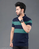 Men's cotton blend striped polo neck tshirt, half sleeve, colorblocked pattern