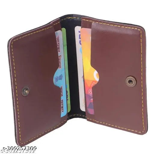 Dark brown, genuine leather debit/credit card holder. Compact, slim design for men. Solid construction with 4 compartments, ID window, and slim dimensions (L10cm x W8cm x H1cm). Perfect for daily use or travel