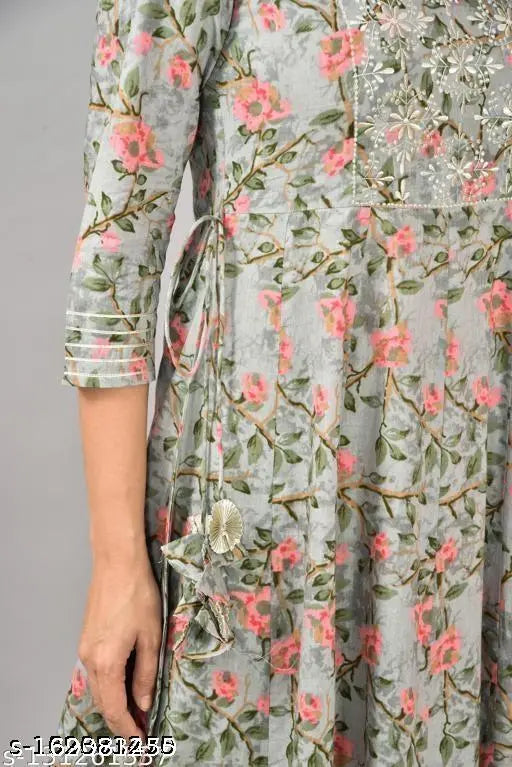 Cotton three-quarter sleeve embroidered Anarkali kurta in flowers print, trendy women's fashion from India" (124 characters)