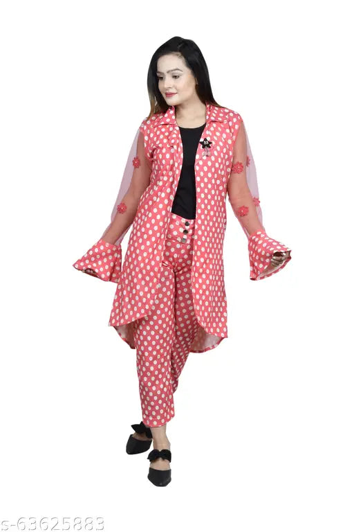 Polka print cotton blend maxi jumpsuit with shrug top and pant, comfortable for women's parties in India