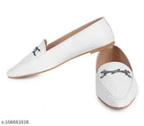 White synthetic D-shaped flat loafers by Kiravi, perfect for casual or formal western wear. Solid design, slip-on style with synthetic sheet sole. Available in sizes IND-2, IND-4, IND-5, IND-6, IND-7, IND-8, made in India