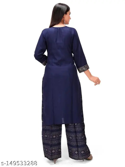 Rayon printed kurta with plazzo set, solid net pattern, three-quarter sleeves, India origin