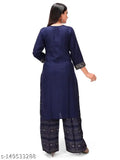 Rayon printed kurta with plazzo set, solid net pattern, three-quarter sleeves, India origin