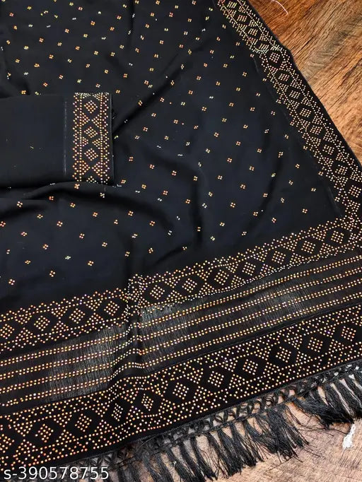 Black georgette embroidered saree, designer print, kanjivaram style