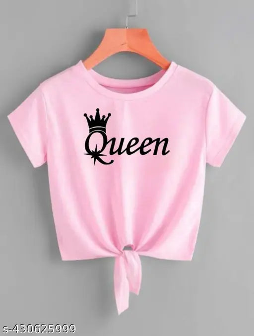 Pink Lycra crop top t-shirt for women, star Queen printed, short sleeves