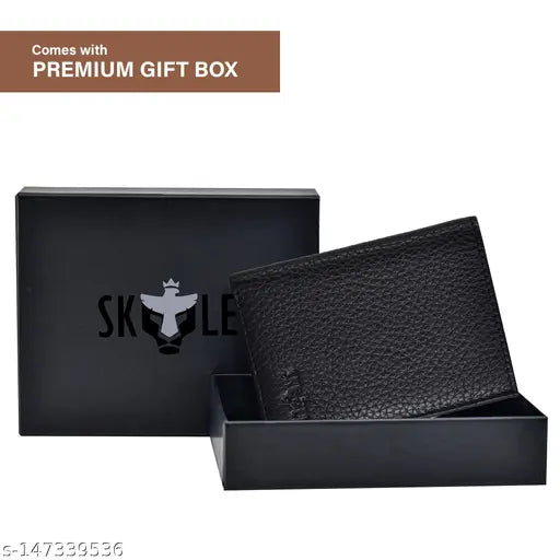 Black leather ultra-slim SKYLE card holder for men, 6 RFID-protected card slots, bi-fold design, front pocket purse
