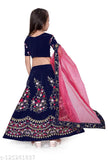 Semi-stitched velvet lehenga choli with embroidered patterns, sleeveless top and net dupatta for 5-10 year olds (Indian traditional attire)
