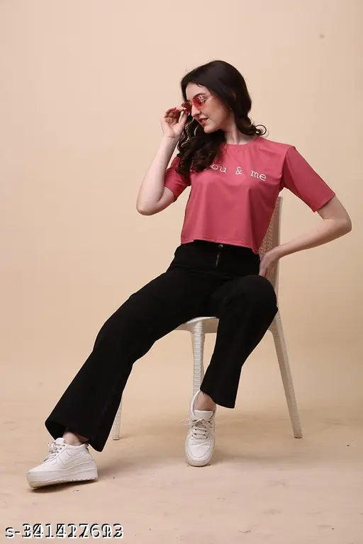 Pink Lycra short sleeves YOU ME PINK printed net summer top, free size