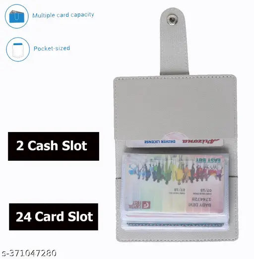Grey PU leather business card holder with 24 slots and cash pockets, transparent PVC slots for easy identification