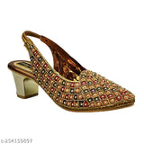 Synthetic golden heels sandal, embellished backstrap design. Stylish women's bellies & sandals from Hafiz Footwear
