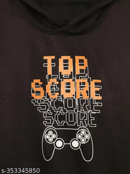 Black Printed Hooded Cotton Fleece Sweatshirt for Boys