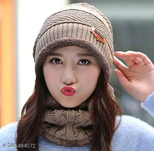 Black wool Bennie cup for men and women with muff pack - fur patterned balaclava cap on head