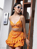 Orange floral printed ruffled skirt with flared design