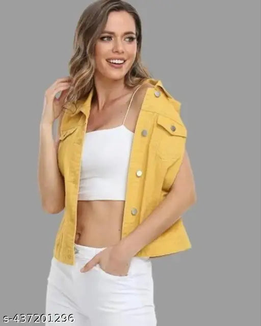 yellow denim sleeveless haf jacket, solid net pattern in vibrant yellow color, women's fashion clothing on mannequin