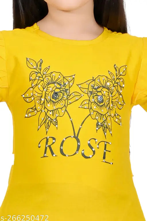 Yellow rayon short sleeves printed net kids dress, top-short-grown for 1-2 years old children