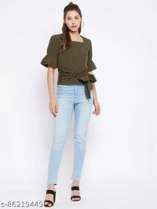 WineRed Women Olive green Solid Puff Sleeve Top, polyester, short sleeves, olive green belted front style with side zip closure