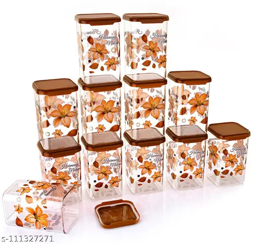 12 Orange Plastic Storage Containers - Unbreakable, Airtight, with Floral Pattern.