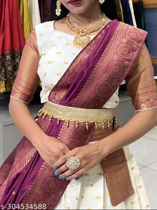 Traditional South Indian Art Silk Lengha Choli, Zari-embroidered semi-stitched blouse and dupatta set (3.5m lehenga, 0.8m unstitched blouse, 2.25m dupatta), with matching tussles and belt, ready to ship from India