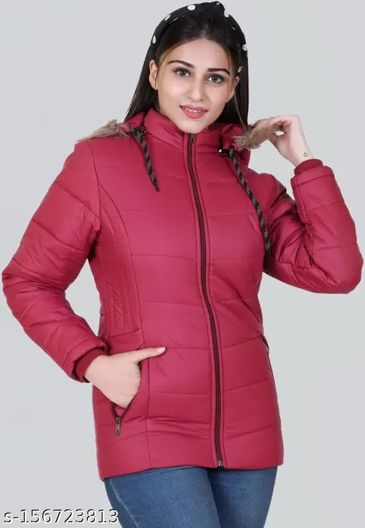 Maroon nylon Kathhik women's detachable hoodie jacket with fur hood, ideal for winter season. Air and snowproof, perfect for women's outerwear