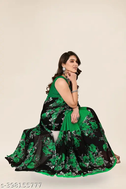 Trendy green and gold georgette saree with blouse piece