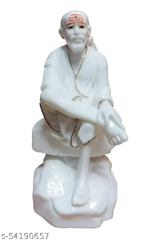 White marble dust Sai Baba Murti statue (6 inch), multicolor handcrafted vastra poshak set of 7