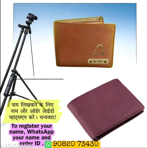 Brown Faux Leather Men's Wallet, NAME brand, textured pattern, 5 compartments, free size (10cm x 9cm), personalize details upon order