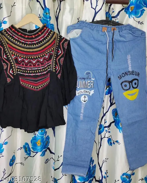 Embroidered cotton crepe top with denim joggers, women's fashion combo - Indian craftsmanship
