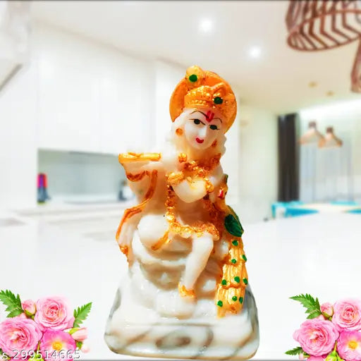 Marble Krishna Murti playing flute, hand-crafted Indian temple pooja statue, 5 cm x 9 cm x 5.5 cm, perfect for home decor or devotional spaces