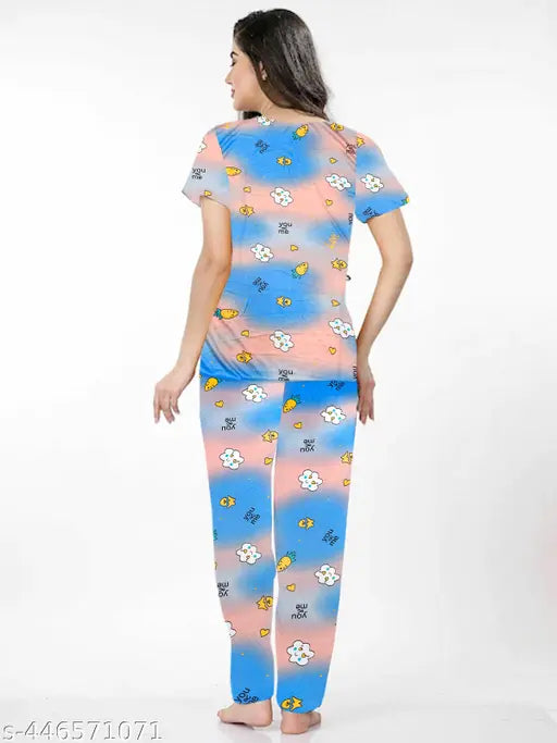Stylish women's printed nightsuit set in pack of 1, featuring short-sleeved t-shirt and pyjama bottoms made from polycotton. Patterned nightwear available in multiple sizes including M, L, XL, XXL