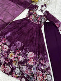 Wine and Rama Anarkali Dress, heavy pure soft Organza silk printed gown with flair, complete with canvas patta and dupatta set, ready to wear
