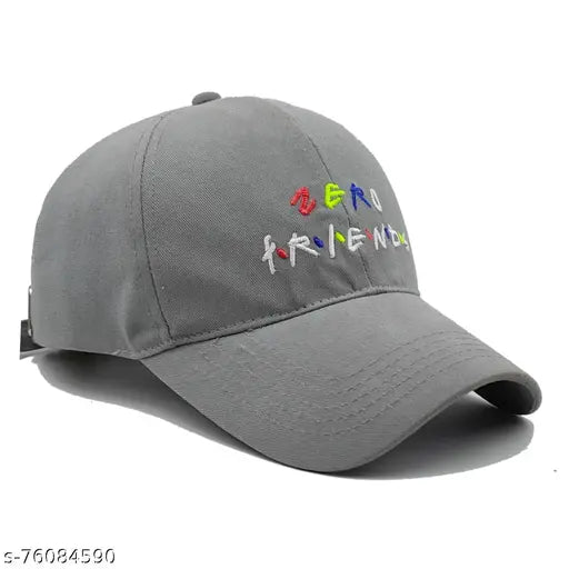 Grey cotton baseball cap, embroidered XL "ZERO FRIENDS" design, casual accessory from India