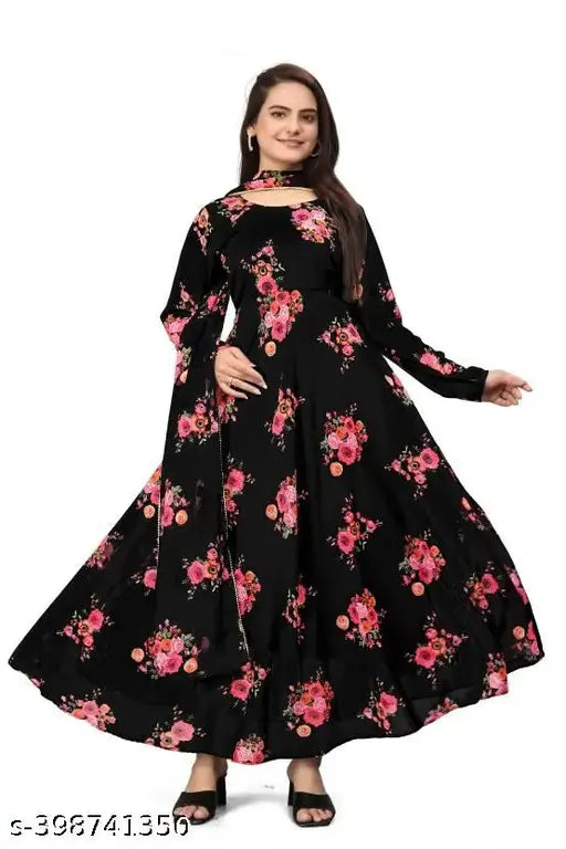 Black georgette print gown with inner crepe for women, partywear, dupatta and adjustable belt included