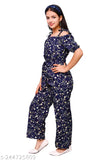 Navy printed cotton blend dress set for girls, includes jumpsuit and two frock styles for ages 8-9, 9-10, 10-11, 11-12, and 12-13 years, featuring off-shoulder design and funky Agile Stylus style