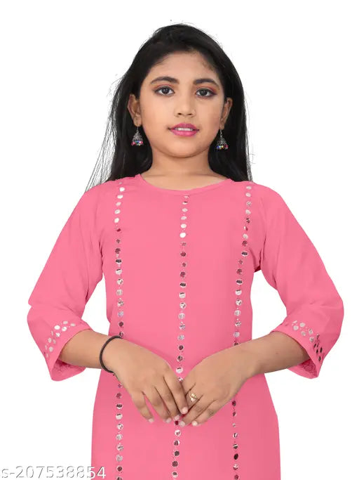 Baby pink Aari work kurti set, crepe top with embellished sleeves and palazzos, for girls aged 7-16 years