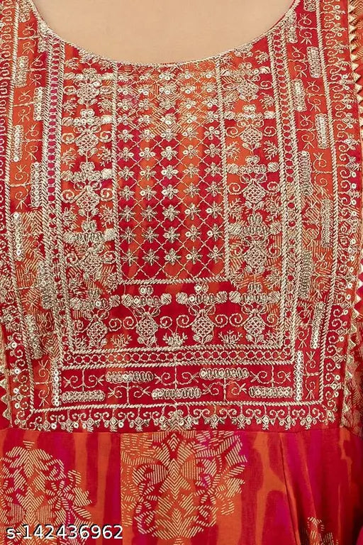 Women's long sleeved embroidered anarkali kurta with gold print and red-orange color
