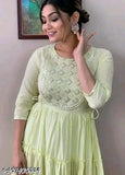 Mint green cotton blend embroidered gown for women, solid pattern with three-quarter sleeves, available in L and XXXL sizes from India