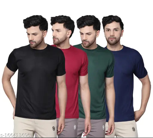 Black, navy blue, maroon, bottle green Garmin Men's Drifit Active T-shirts combo - premium polyester fabric, short sleeves, round neck, multiple vibrant colors, regular fit, breathable, sweat-free, stylish, fashionable, casual outings, India