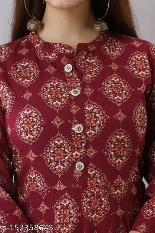 Maroon printed rayon kurti for women, three-quarter sleeves, Sanganeri print trending fashion. Ideal for casual events, size M (38-39), L (40-41), XL (42-43), XXL (44-46) inches, made in India