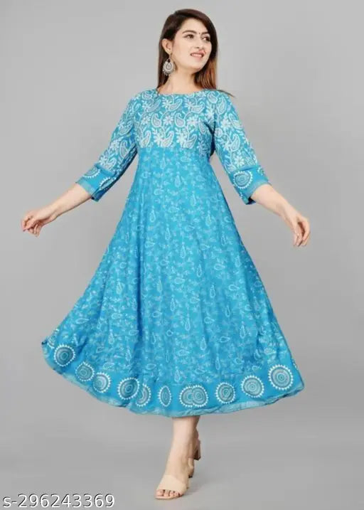 Blue rayon anarkali Jaipur kurti, three-quarter sleeves, intricate print, women's fashion from India